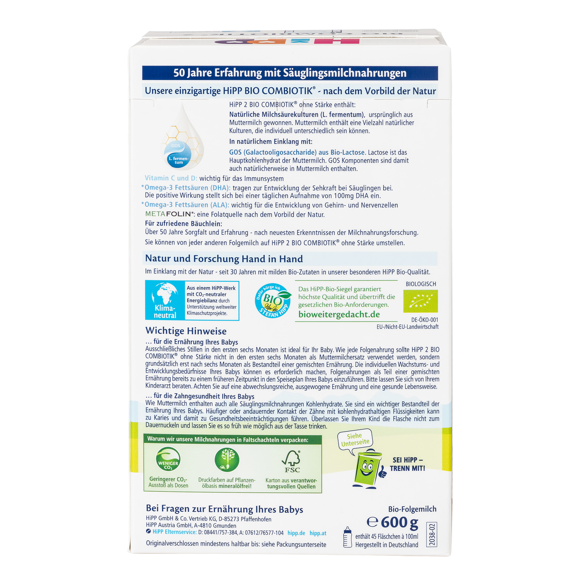 HiPP German Bio Combiotic (No Starch) Cow Milk Baby Formula • Stage 2