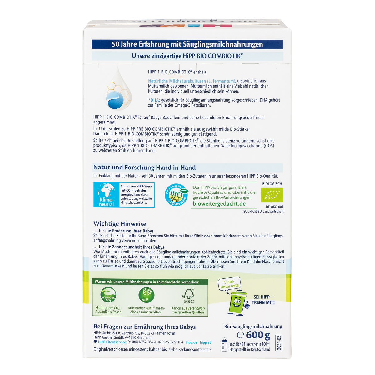 HiPP German Bio Combiotic Cow Milk Baby Formula • Stage 1